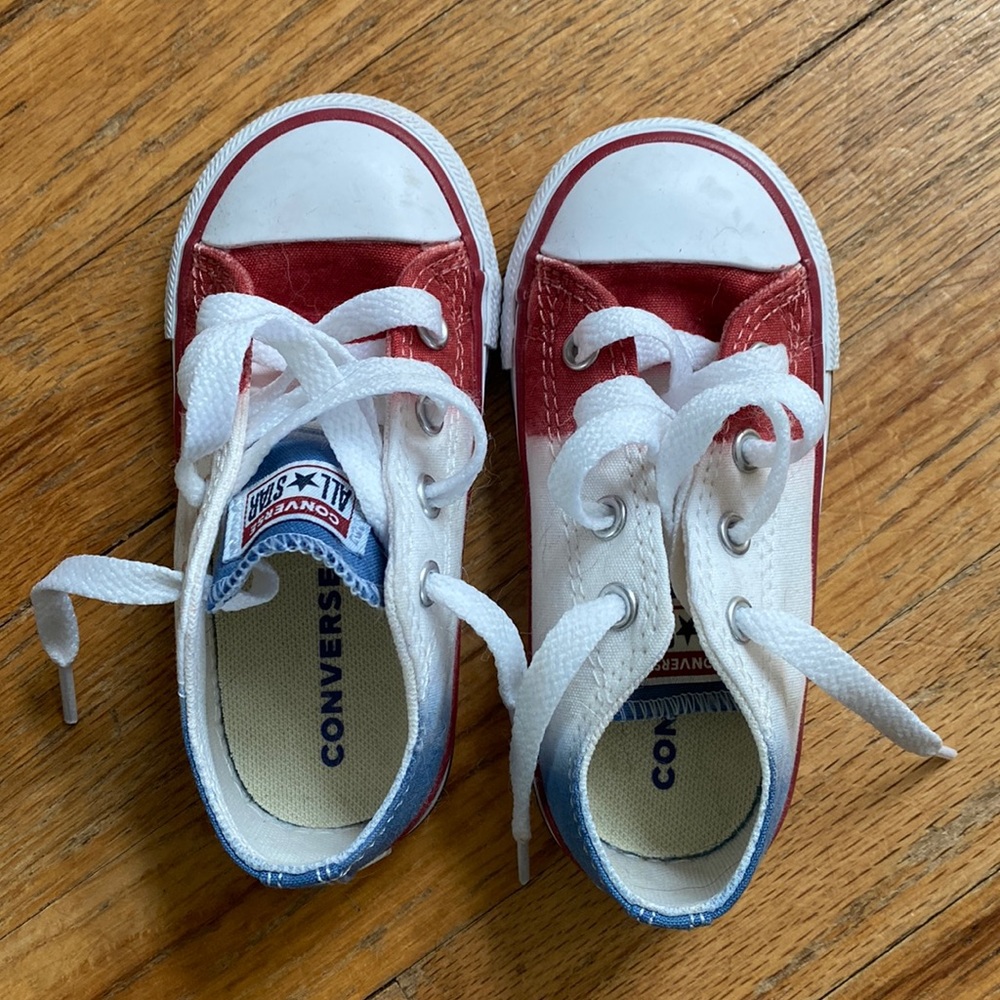 Converse size toddler 7 dyed red, white, and blue